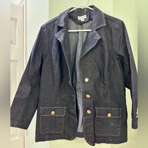 Joan Rivers Dark Blue Jean Jacket with Gold Buttons and gathered back, Med.